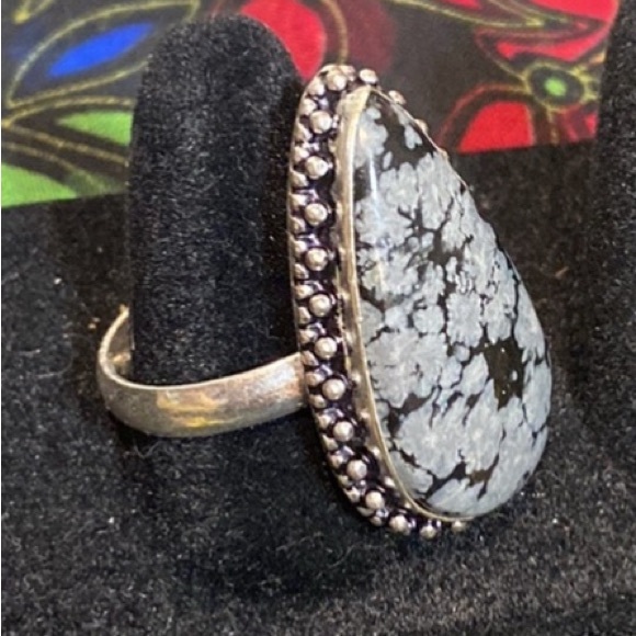 Ring NWOT Snowflake Obsidian .925 sterling Plated black teardrop  adj. to sz 10 - Picture 2 of 5